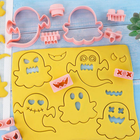 Halloween Cookie Cutter Set-10 pcs 3D Plastic Pressable Ghost Halloween Biscuit Cutters Set,Plastic Ghost Element Cookie Cutters Set for Kids-Grim...
