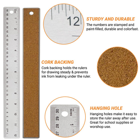 Stainless Steel Metal Ruler with Non-Slip Cork Back for Home Improvement, Planner Accessories, College School Supplies, Drafting Tools, Architectu...