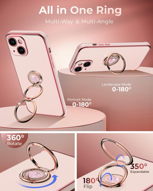 XYZ for iPhone 14 Case with Stand, Phone Case with Double Ring Kickstand, Women Girls Bling Luxury Protective Case Heart for iPhone 14, Pink...