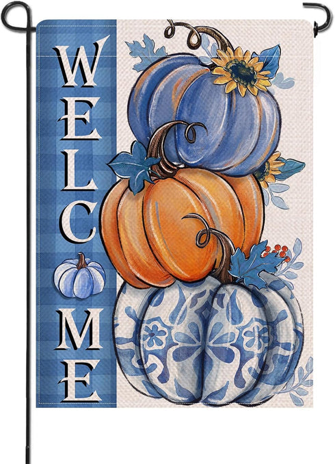 Welcome Fall Blue Pumpkin Small Decorative Garden Flag, Autumn Plaid Check Sunflower Yard Lawn Outside Decor, Thanksgiving Seasonal Burlap Outdoor...