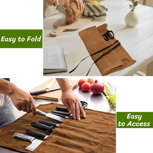 Waxed Canvas Knife Roll Bag,Portable Knife Cultery Carrier,Professional Chef Knife Case,Waterproof Knife Roll Storage Bag with 8 Slots,Holds 8 inc...