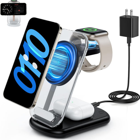 3 in 1 Magnetic Wireless Chargers for iPhone Devices,Fast Foldable Mag-Safe Charger Stand with Night Light for iPhone 15/14/13/12 Series,iWatch Ul...