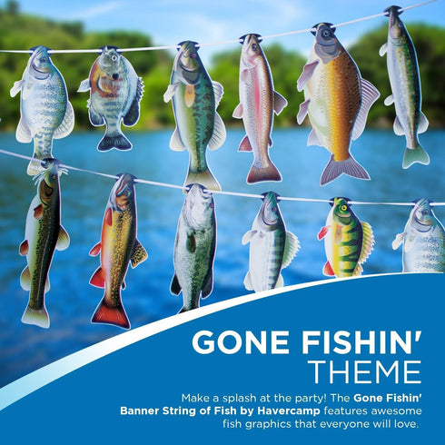 Havercamp Gone Fishin String Hanging Banner for Fish Fry, Bass Fishing, Freshwater Pond & Salt Water Tournament Fishing Decorations...