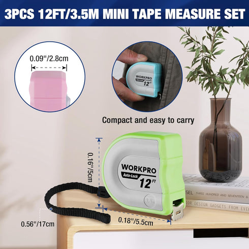 WORKPRO Mini Tape Measure, 3 Pcs 12FT Auto-Lock Easy Reading Tape Measurement, Inch/Metric Scale Pocket Size Small Tape Measure for Engineer, Port...
