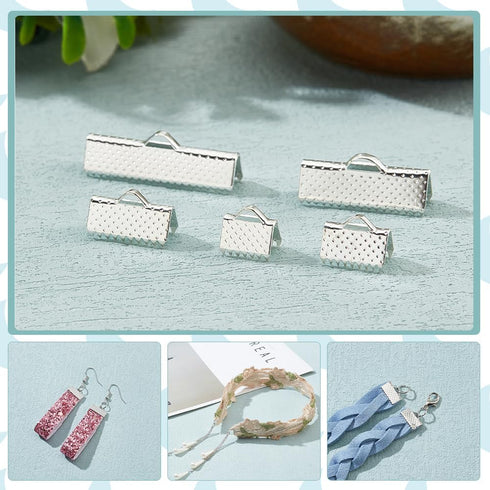 PH PandaHall about 100 Pcs Iron Ribbon Bracelet Bookmark Pinch Crimp Clamp End Findings Cord Ends Fasteners Clasp Leather Crimp Ends 5 Sizes Lengt...