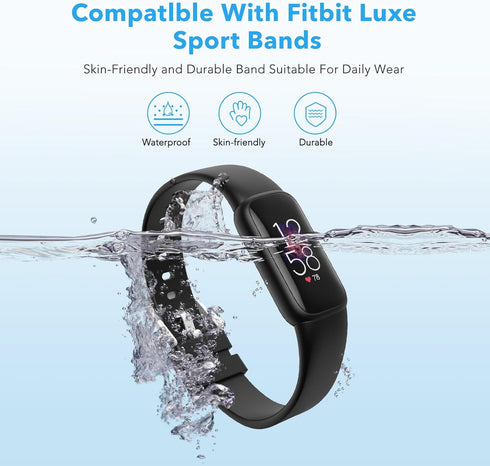 2 Pack Waterproof Bands Compatible with Fitbit Luxe Bands for Women Men, Classic Soft Sports Replacement Wristbands (Small 5.5" - 7.3", black/blac...