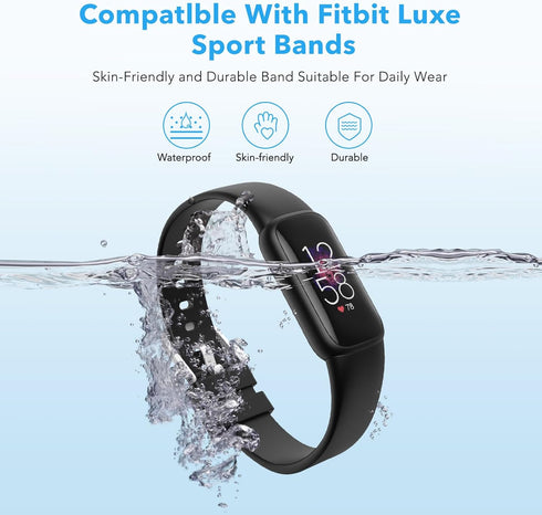 2 Pack Waterproof Bands Compatible with Fitbit Luxe Bands for Women Men, Classic Soft Sports Replacement Wristbands (Small 5.5" - 7.3", black/grey...