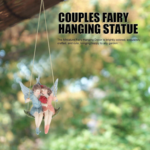 Couple Flower Fairy Garden Pendant, Fairy Girl and Boy Sitting on Swing Sculpture, Exquisite DIY Couple Flower Fairy Garden Pendant, Garden Hangin...