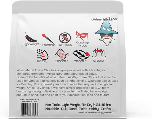 Air Dry - Foam Clay (White 400grams) by Wiser Merch. Includes Sculpting Tools! Cosplay, Fake Bake, Squishy, Foil Sealed,...
