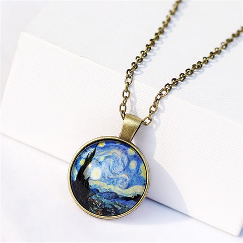 Painting Glass Pendant Necklace Gold Silver Plated Vintage Charm Starry Night Artistic Paint Round Circle Geometric Chain Necklace for Women Men I...
