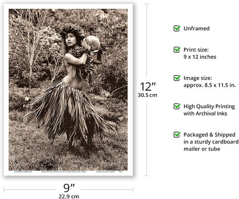 Hawaiian Hula Dancer Ipu (Gourd Drum) IV - Vintage B&W Photograph by Alan Houghton c.1960s - Master Art Print (Unframed) 9in x 12in...