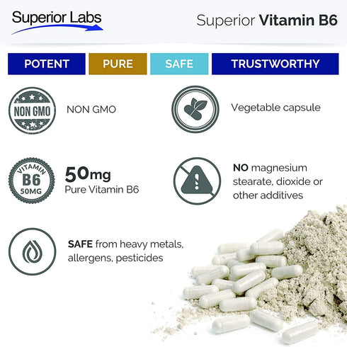 Superior Labs — Best Vitamin B6 Dietary Supplement — 50 mg Dosage,120 Vegetable Capsules —Supports Immune System Health — Healthy Brain Function —...