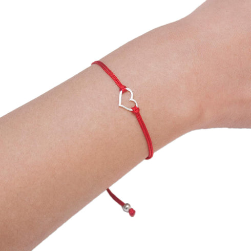 Red Womens Friendship Bracelet, Small Handmade Sterling Silver 925 Open Heart Shaped Charm, Pull Adjustable Kindred Cord Thread. Handmade Heart Gi...
