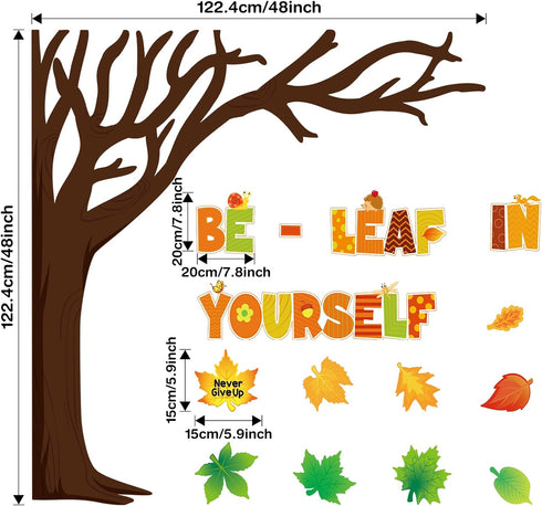 90 Pcs Growth Mindset Bulletin Board Decorations Classroom Tree Bulletin Board Sets Positive Sayings Be Leaf in Yourself Paper Cut Outs Inspiratio...