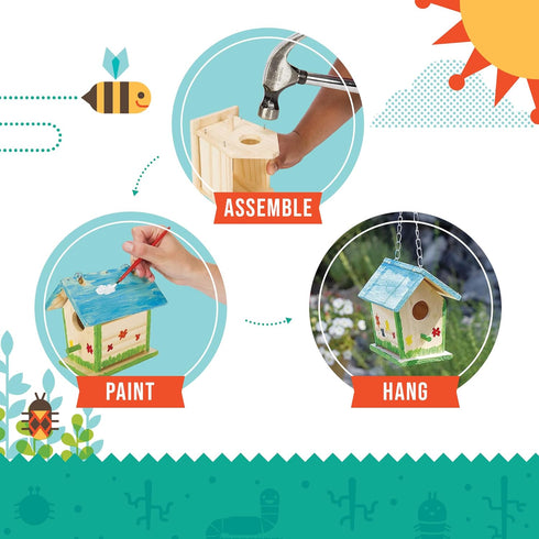 Beetle & Bee Build A Bird Bungalow - DIY Kid Art Craft Outdoor Birdhouse Kit, House Painting Kit for Kids, Hardware Glue Included- 4 Paints, 1 Bru...
