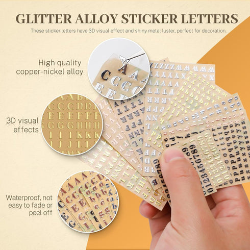 4 Colors Small Letter Stickers, 12 Sheets Glitter Metal Alloy Alphabet Number Stickers, Self Adhesive Mini ABC Stickers for Resin Nail Scrapbookin...