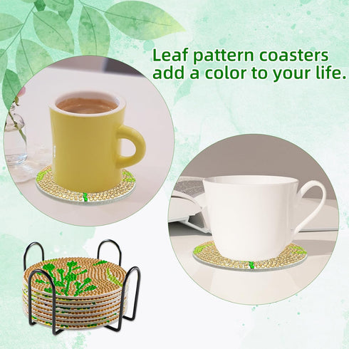 8 Pcs Leaves Diamond Painting Coasters Kit,Acrylic Diamond Art Coasters with Holder,DIY Green Leave Diamond Painting Coasters for Adults Beginners...