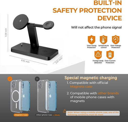Magnetic Charging Station,PDKUAI for MagSafe 4 in 1 Fast Wireless Charger Stand for iPhone 15,14,13,12 Pro/Max/Mini/Plus, Apple Watch 9/8/7/6/SE/5...