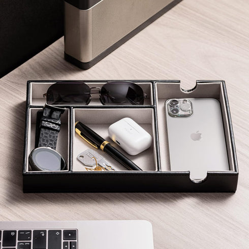 Mens Valet Tray for Nightstand Bedside and Entry Table Faux Leather Catchall Tray for Phone,Watch,Glasses,Wallet,Jewelry and Keys Dresser Organize...