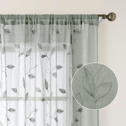 HOMEIDEAS Sage Green Sheer Curtains 52 x 54 Inch Length 2 Panels Embroidered Leaf Pattern Short Curtains for Bedroom Half/Small Window Rod Pocket ...