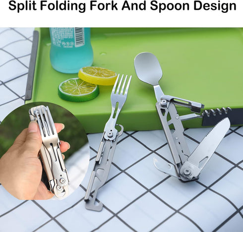 6-in-1 Detachable Camping Utensil, Stainless Steel Cutlery Folding Spoon, Fork, Knife, Wine Bottle Opener Can Opener Portable Combo Set for Campin...