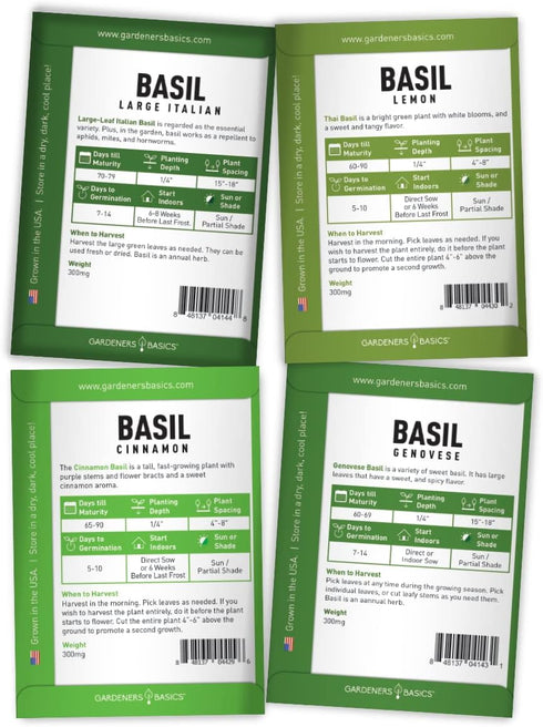 Gardeners Basics, Basil Seeds for Planting Home Garden - 8 Variety Herb Pack Genovese, Large Leaf, Lemon, Thai, Red Rubin, Cinnamon, Sweet and Pur...