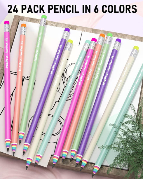Nicpro 24PCS Pencils #2, HB Rainbow Color Paper Pencils, Pre-Sharpened Wood-Cased Cute Pencils, Anti-Break Graphite Pencil with Eraser for Student...