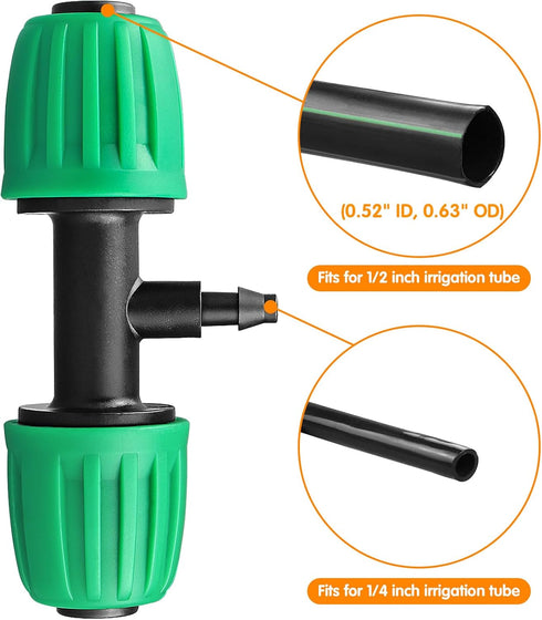 Drip Irrigation Fittings for 1/2 inch Tubing(0.63" OD) to 1/4 inch Irrigation Tubing, 12 Pieces Barbed Tee Drip Parts Twist Locked 3 Way Connector...
