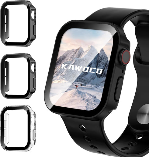 3 Pack Waterproof Case for Apple Watch Series 9 8 7 45mm, Straight Edge Hard PC Cover with Tempered Glass Screen Protector, Protective Bumper for ...