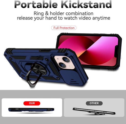 for iPhone 13 Mini Case with Camera Lens Cover HD Screen Protector, Dual Layer Military Grade Drop Protection Magnetic Ring Holder Kickstand Prote...