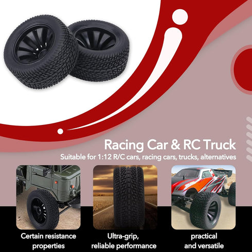 RC Truck Tires, Car Toy Wheels Road Holding, 2pcs/Set Rubber Tyre Tires & Plastic Hubs Wheel for 1:12 RC Car Racing Car Truck Replacement...