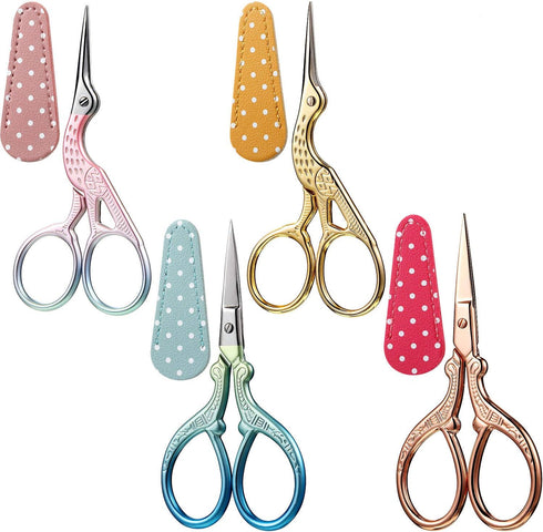 4 Pieces Embroidery Scissors Sewing Stork Scissors and 4 Pieces Leather Scissor Sheath Little Stainless Steel Sharp Scissors for Sewing Crafting T...