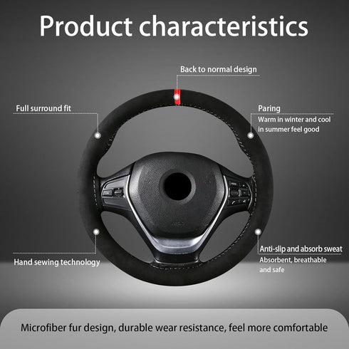 1 PC Car Steering Wheel Cover, 14.9" Suede Nubuck Leather Non-Slip Breathable Hand-Stitched Steering Wheel Protector, Comfortable Grip for All Sea...