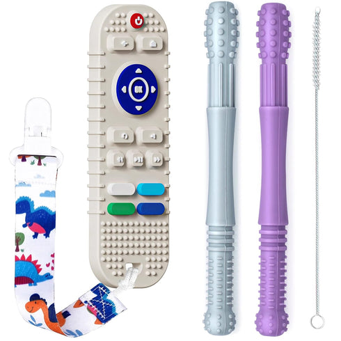 FFTROC Silicone Teething Toys for Babies 3-6 6-12 months, 3 Pack Remote Control Shape and Teether Tube Teething Toys, Chew Toys for Boys Girls, Ea...