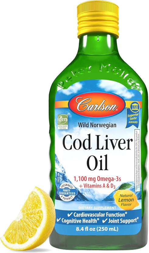 Carlson - Cod Liver Oil, 1100 mg Omega-3s, Liquid Fish Oil Supplement, Wild-Caught Norwegian Arctic, Sustainably Sourced Nordic Liquid, Lemon, 250...