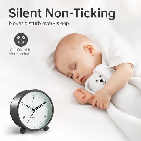 Analog Alarm Clock, 4 inch Super Silent Non Ticking Small Clock with Night Light, Battery Operated, Simple Design, Old Fashioned Style Black Decor...