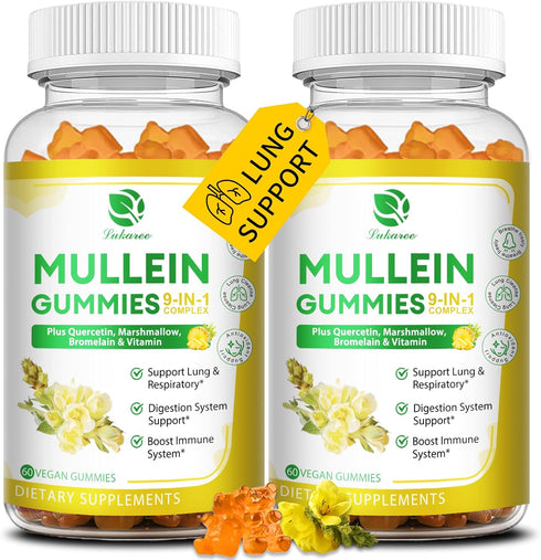 (2 Pack) 9 in 1 Mullein Gummies for Lung Cleanse, Extra Strength 10000MG(10:1 Extract) Mullein Leaf Extract w/Quercetin, Bromelain, Elderberry & M...