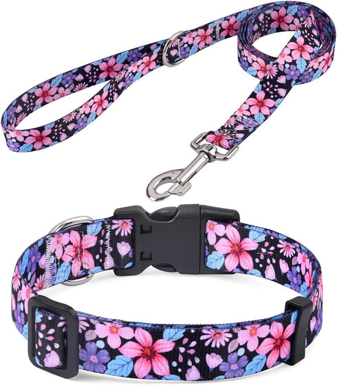 Dog Collar and Leash Set for Small Dogs Cats, Soft Comfy Pet Collar for Small Medium Large Dogs, Floral Pattern for Boy Girl Puppy Dogs Cats(Flora...