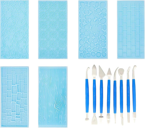 Fondant Impression Mat Mold Set, 6Pack Embossed Tree Bark, Brick Wall, Flower, Cobblestone, Stone Wall Texture for Cupcake Top Decoration with 8pc...