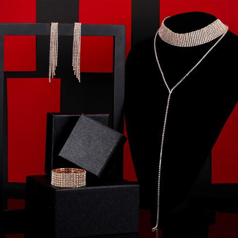 Hicarer 3 Pieces Women Rhinestone Jewelry Set Rhinestone Tassel Choker Necklace Fringe Bracelet Crystal Dangling Earring for Wedding Bridal Party...