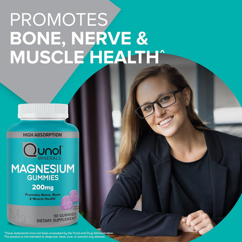 Qunol Magnesium Gummies for Adults, 200mg Magnesium Citrate High Absorption Supplement, Supports Nerve/Bone Health, Muscle Health, Vegetarian, 90 ...