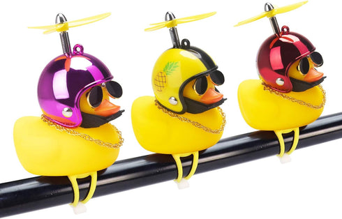 wonuu Rubber Duck Toy Car Ornaments Yellow Duck Car Dashboard Decorations Squeeze Duck Bicycle Horns with Propeller Helmet (Bright Rose-Light)...