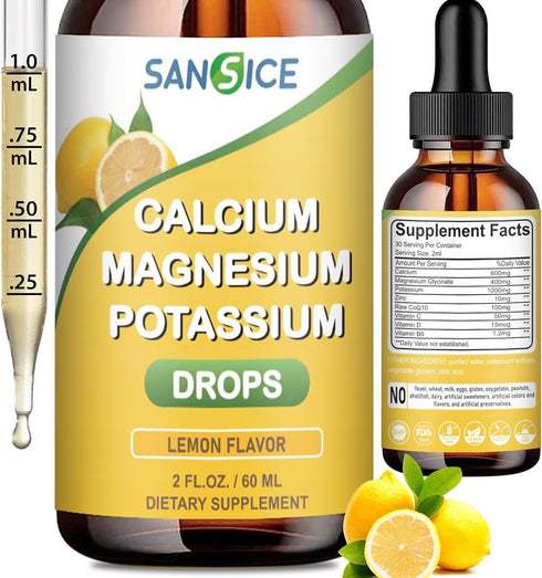 Calcium Magnesium Potassium Supplement Liquid,400mg Magnesium Glycinate,600mg Calcium Magnesium Drop Supplement with Vitamin D and Zinc (60ml/Lemo...