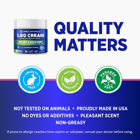 OWELL NATURALS Relief Legs Cream - Fast Acting Maximum Strength Natural with Aloe Vera Vitamin E...