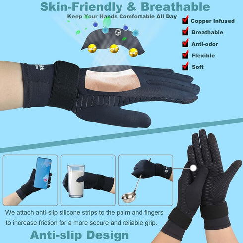 Copper Arthritis Gloves with Adjustable Wrist Strap for Women Men, Full Finger Compression Gloves for Arthritis, Carpal Tunnel, Pain Relief, Swell...