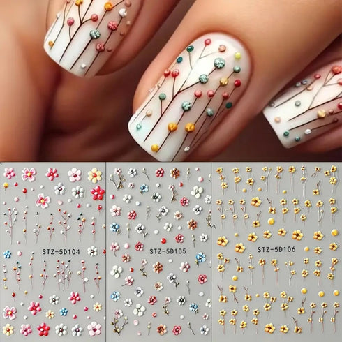 Flower Nail Art Stickers Summer Daisy Flower Nail Decals for Nail Art Decorations 4PCS Small Floral Five-petaled Design 5D Acrylic Engraved Nail S...