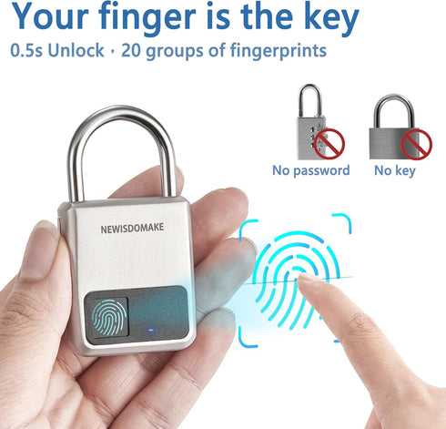 Fingerprint Padlock, Smart Padlock with USB Charging Support, Fingerprint Lock, Biometric Lock Suitable for Luggage, Bookcase, Suitcase, Backpack,...