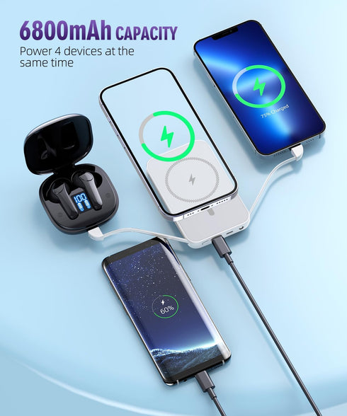 for Magnetic Power Bank, 6800mAh Wireless Portable Charger with PD30W Fast Charging, Mag-Safe Battery Pack Built-in 2 Output Cables for iPhone 15/...