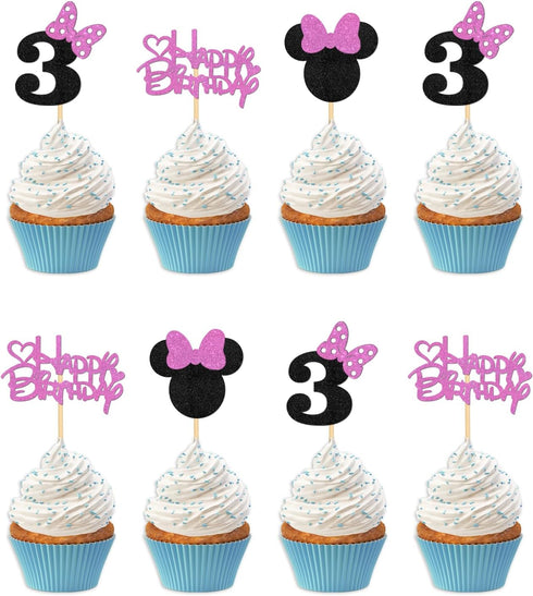 Pink Glitter Mini Mouse Inspired Cupcake Toppers with Bow - Kids Girls 3rd Birthday Baby Shower Party Cupcake Decorations - Cartoon Theme Pink Mou...
