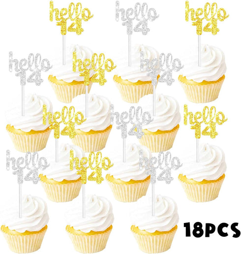 18PCS Hello 14th Cupcake Topper Picks for Happy Birthday Party Cheer to 14 Years Old Theme Party Decoration Supplies Celebrating Anniversary Gold ...